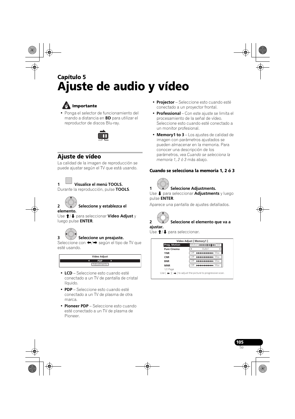 Ajuste de vídeo, Ajuste de audio y vídeo, Capítulo 5 | Pioneer LX03BD User Manual | Page 105 / 132