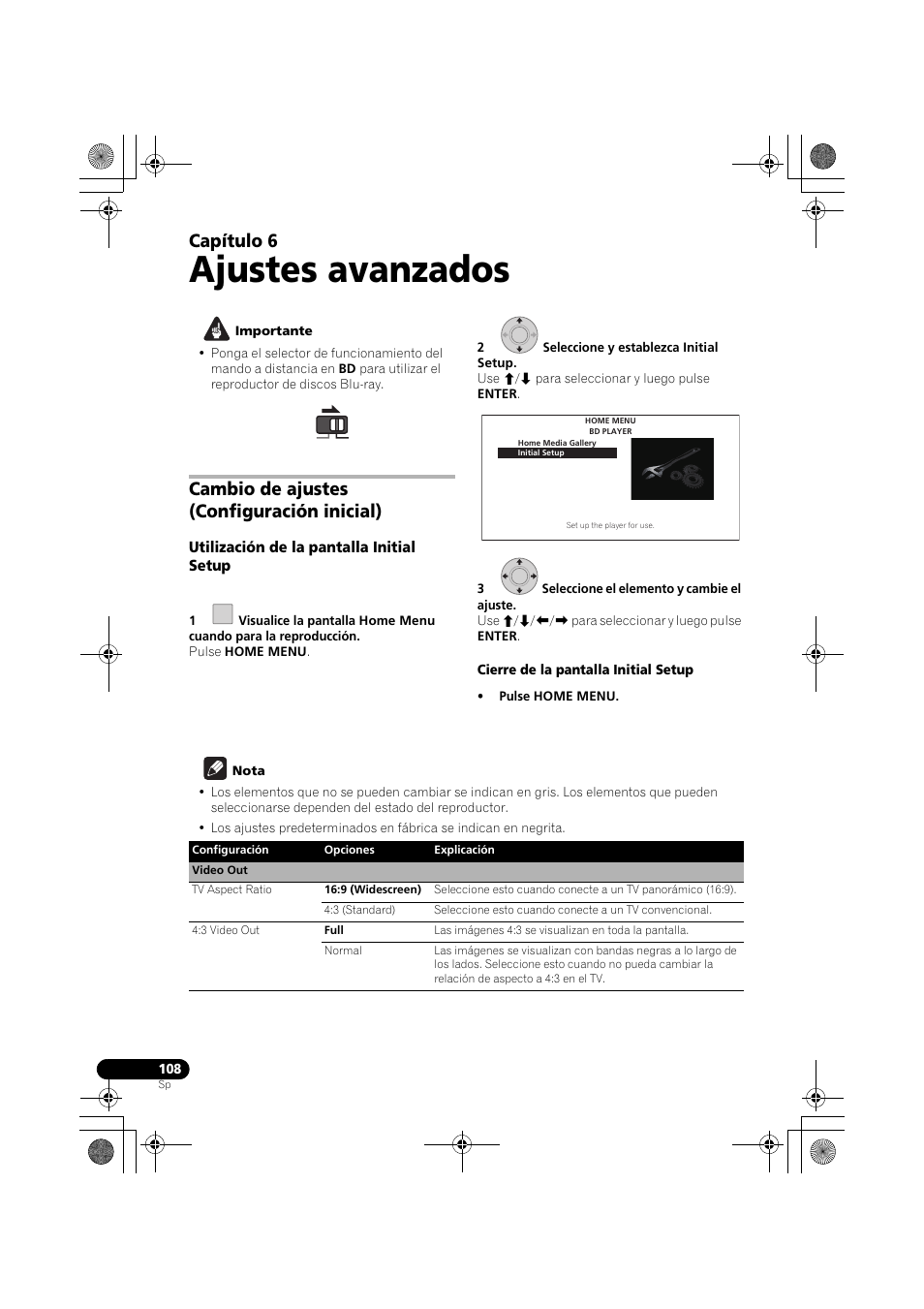 Cambio de ajustes (configuración inicial), Utilización de la pantalla initial setup, Ajustes avanzados | Capítulo 6 | Pioneer LX03BD User Manual | Page 108 / 132