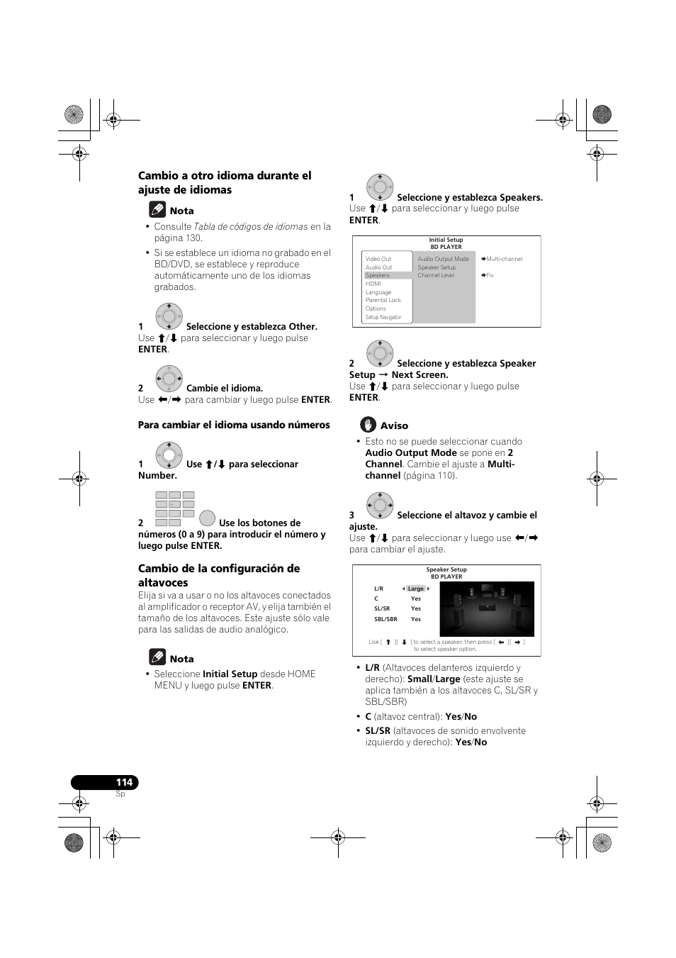 Cambio a otro idioma durante el ajuste de idiomas, Cambio de la configuración de altavoces | Pioneer LX03BD User Manual | Page 114 / 132