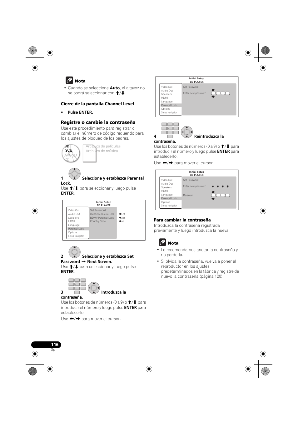 Registre o cambie la contraseña, Cierre de la pantalla channel level, Para cambiar la contraseña | Pioneer LX03BD User Manual | Page 116 / 132
