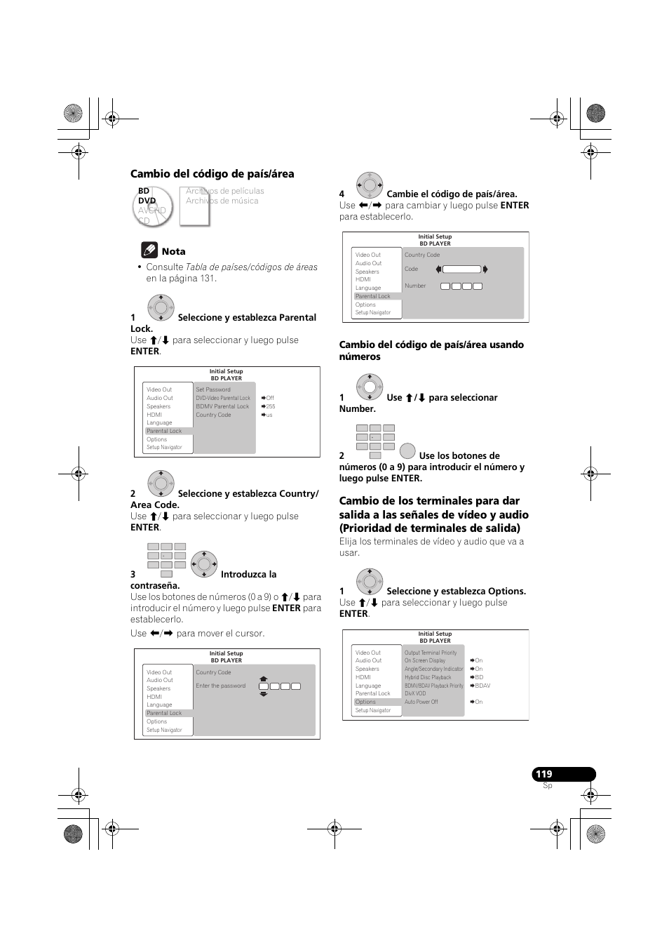 Cambio del código de país/área, Cambio del código de país/área usando números | Pioneer LX03BD User Manual | Page 119 / 132