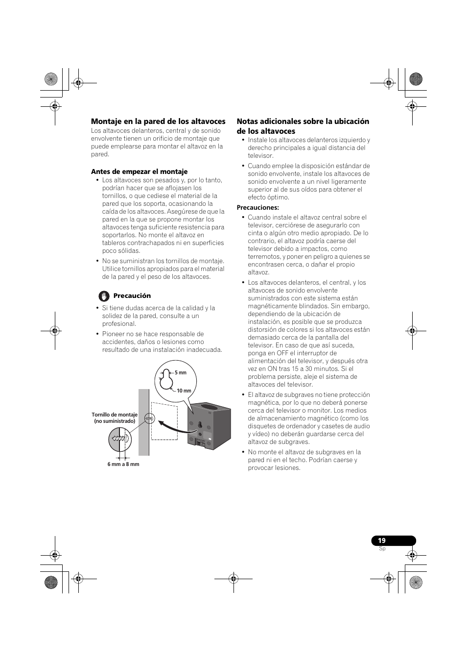 Montaje en la pared de los altavoces | Pioneer LX03BD User Manual | Page 19 / 132