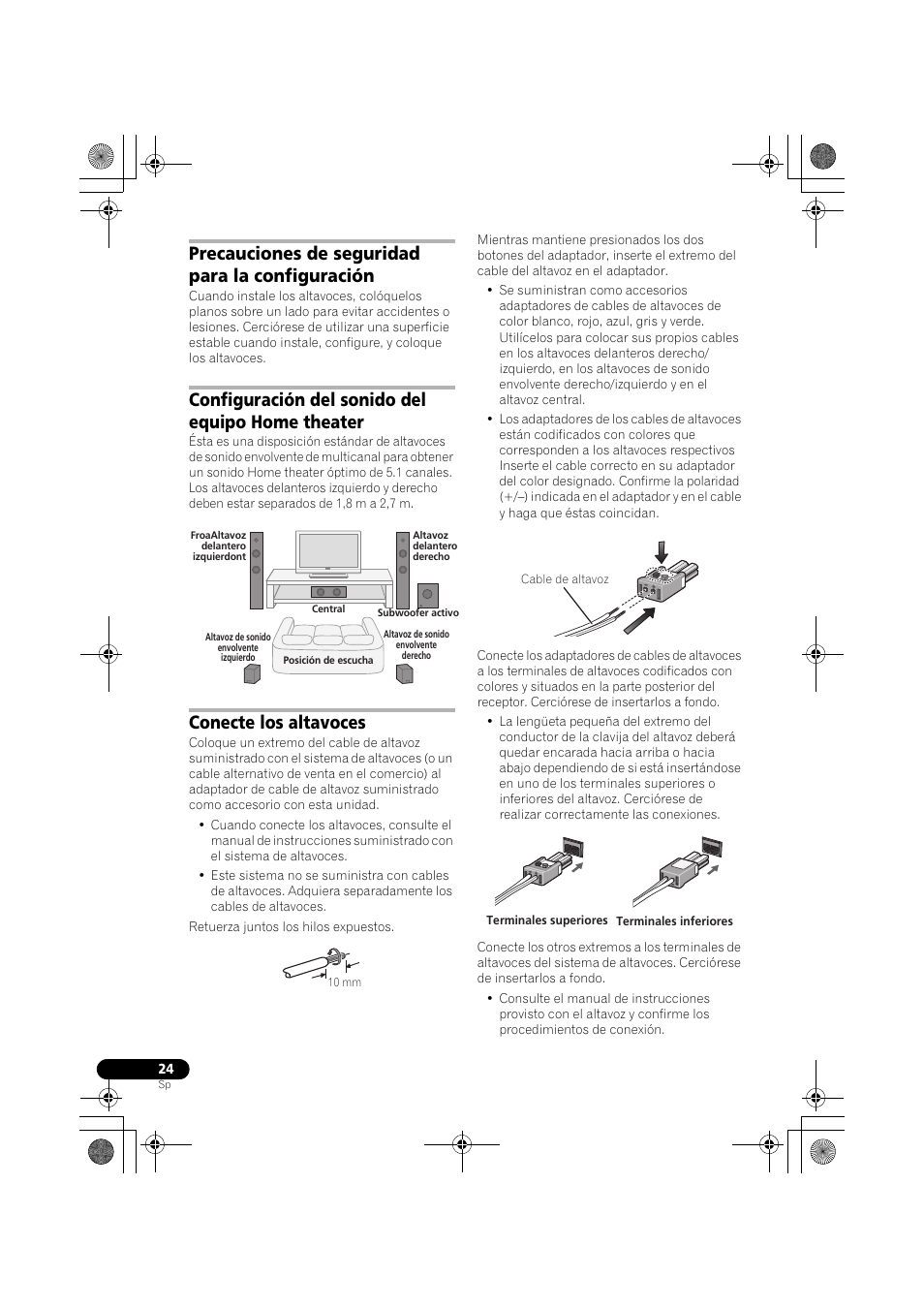 Precauciones de seguridad para la configuración, Configuración del sonido del equipo home theater, Conecte los altavoces | Pioneer LX03BD User Manual | Page 24 / 132