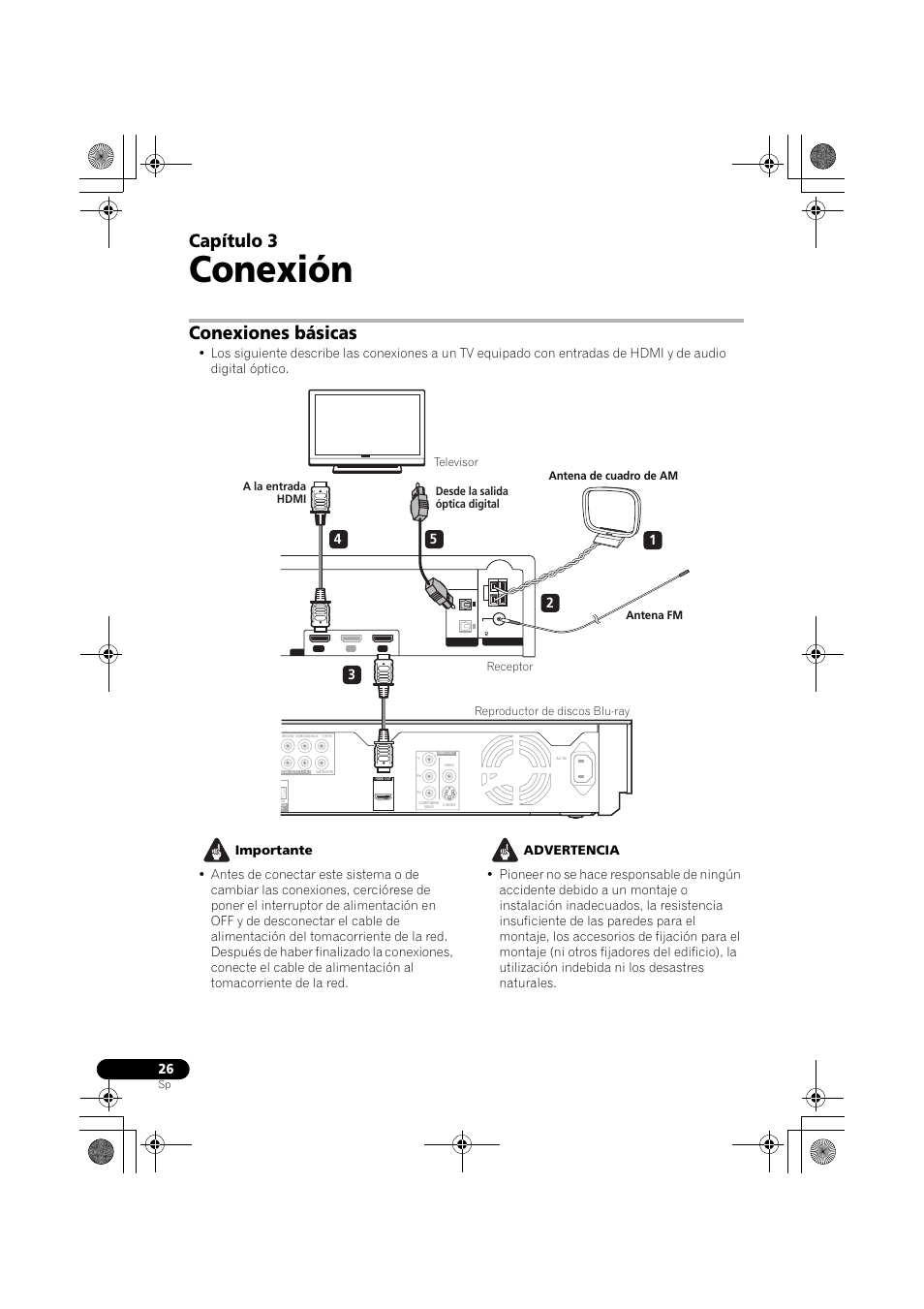 Conexiones básicas, Conexión, Capítulo 3 | Pioneer LX03BD User Manual | Page 26 / 132