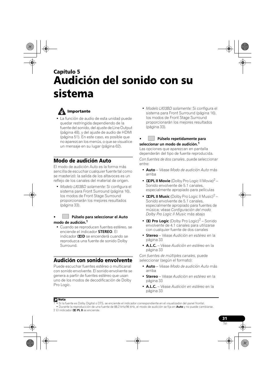 Modo de audición auto, Audición con sonido envolvente, Audición del sonido con su sistema | Capítulo 5 | Pioneer LX03BD User Manual | Page 31 / 132