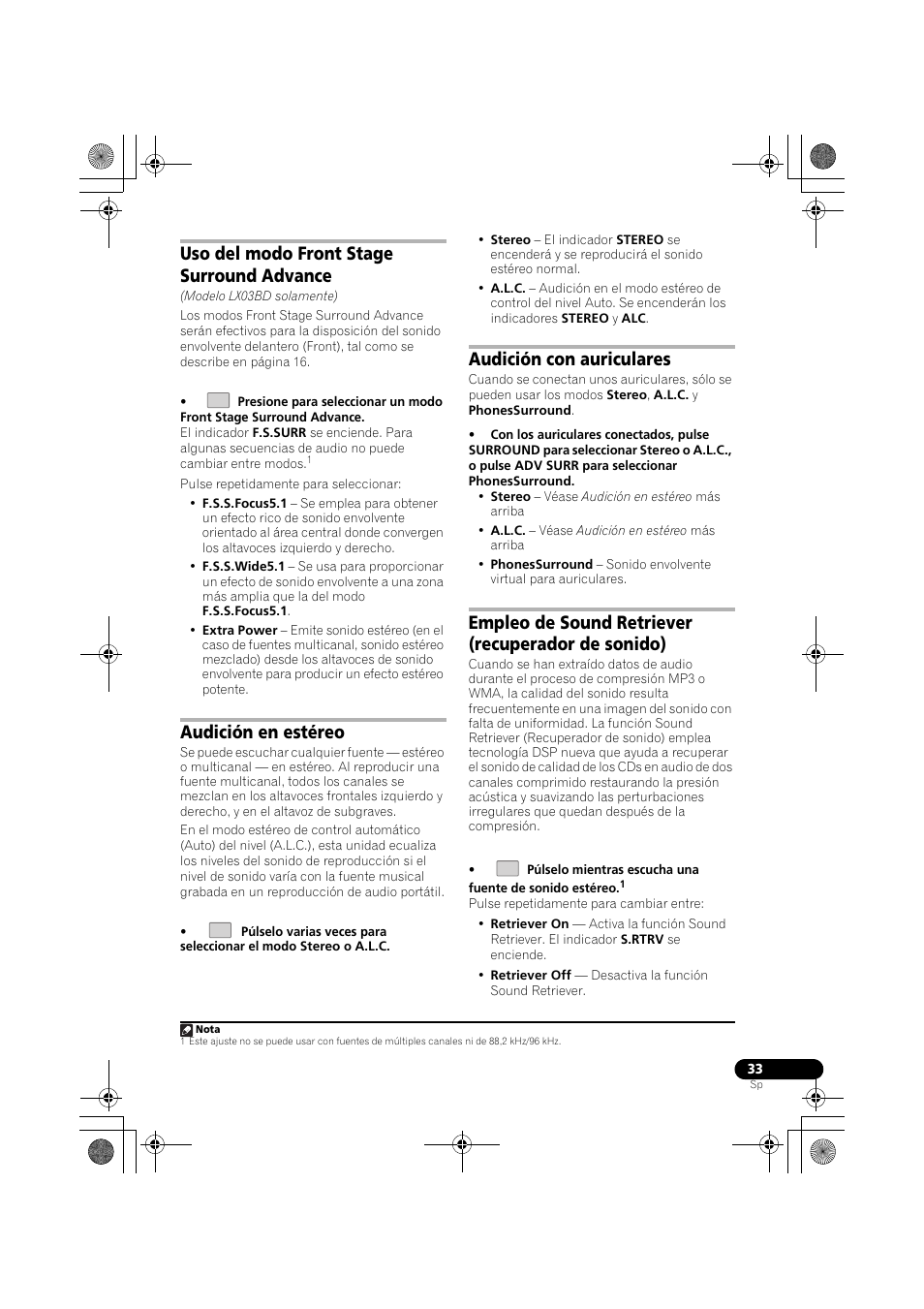 Uso del modo front stage surround advance, Audición en estéreo, Audición con auriculares | Empleo de sound retriever (recuperador de sonido) | Pioneer LX03BD User Manual | Page 33 / 132