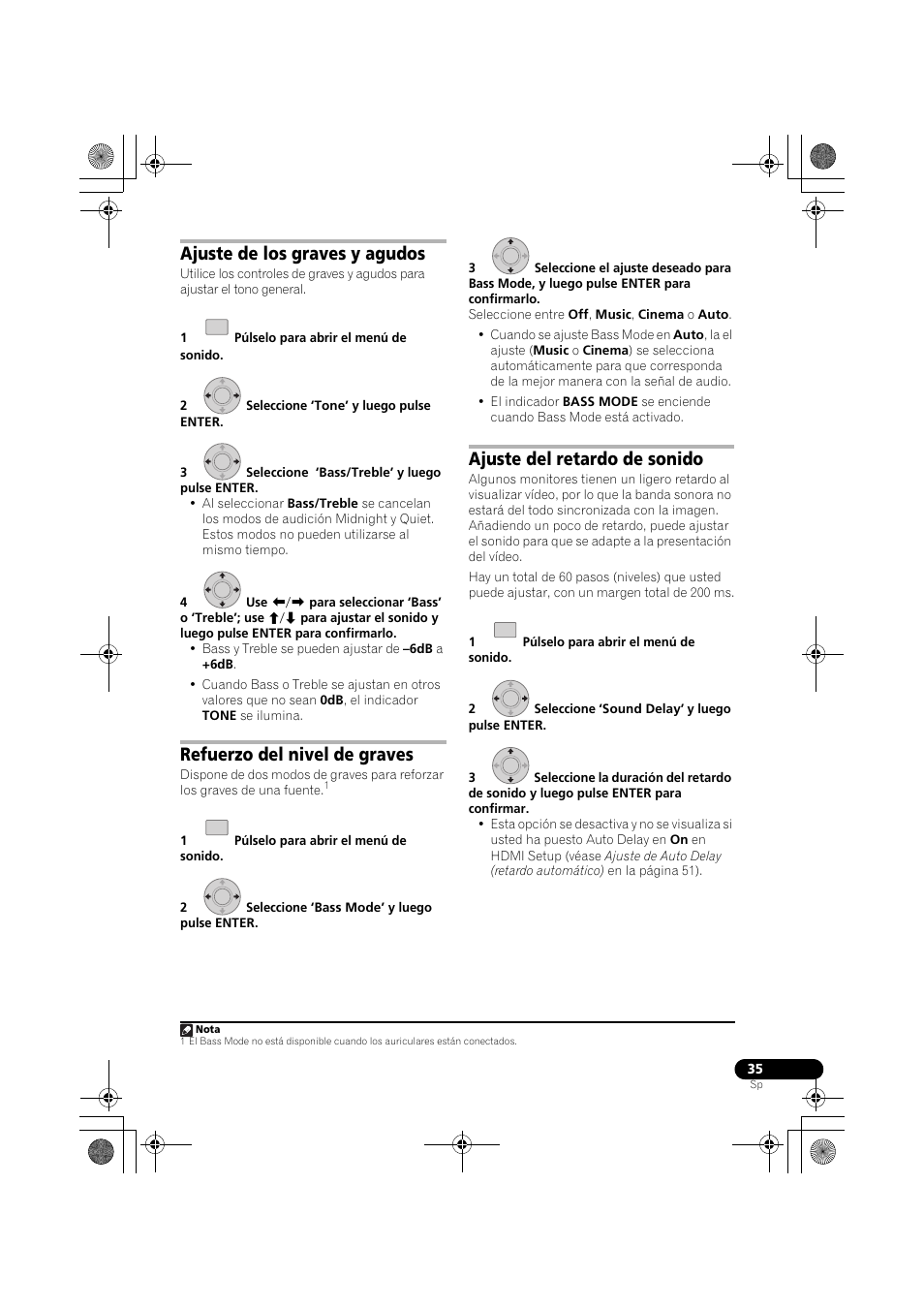 Ajuste de los graves y agudos, Refuerzo del nivel de graves, Ajuste del retardo de sonido | Pioneer LX03BD User Manual | Page 35 / 132