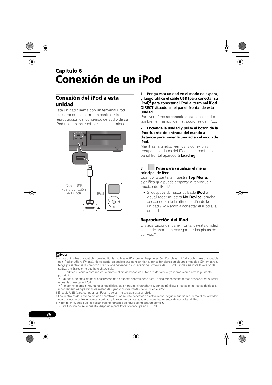 Conexión del ipod a esta unidad, Reproducción del ipod, Conexión de un ipod | Capítulo 6 | Pioneer LX03BD User Manual | Page 36 / 132