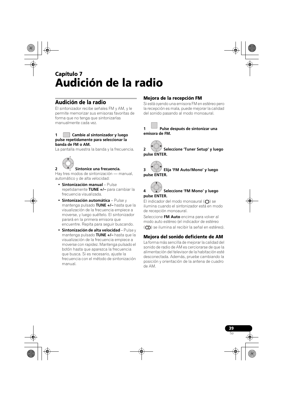 Audición de la radio, Mejora de la recepción fm, Mejora del sonido deficiente de am | Capítulo 7 | Pioneer LX03BD User Manual | Page 39 / 132