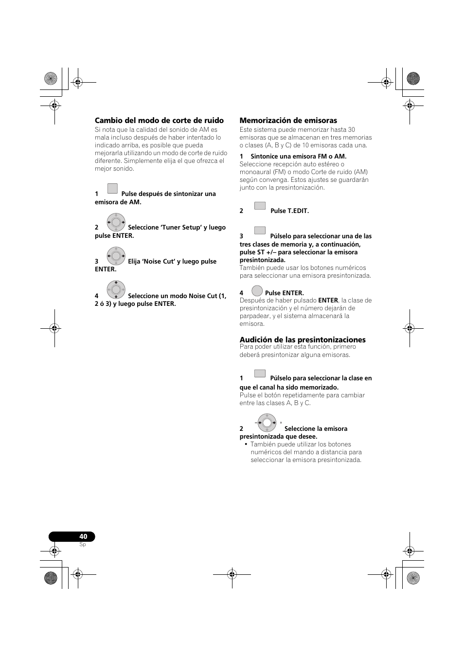 Cambio del modo de corte de ruido, Memorización de emisoras, Audición de las presintonizaciones | Pioneer LX03BD User Manual | Page 40 / 132