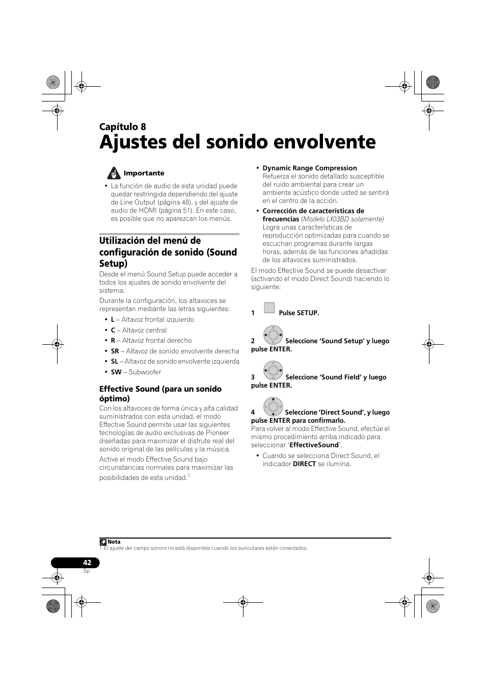 Effective sound (para un sonido óptimo), Ajustes del sonido envolvente, Capítulo 8 | Pioneer LX03BD User Manual | Page 42 / 132