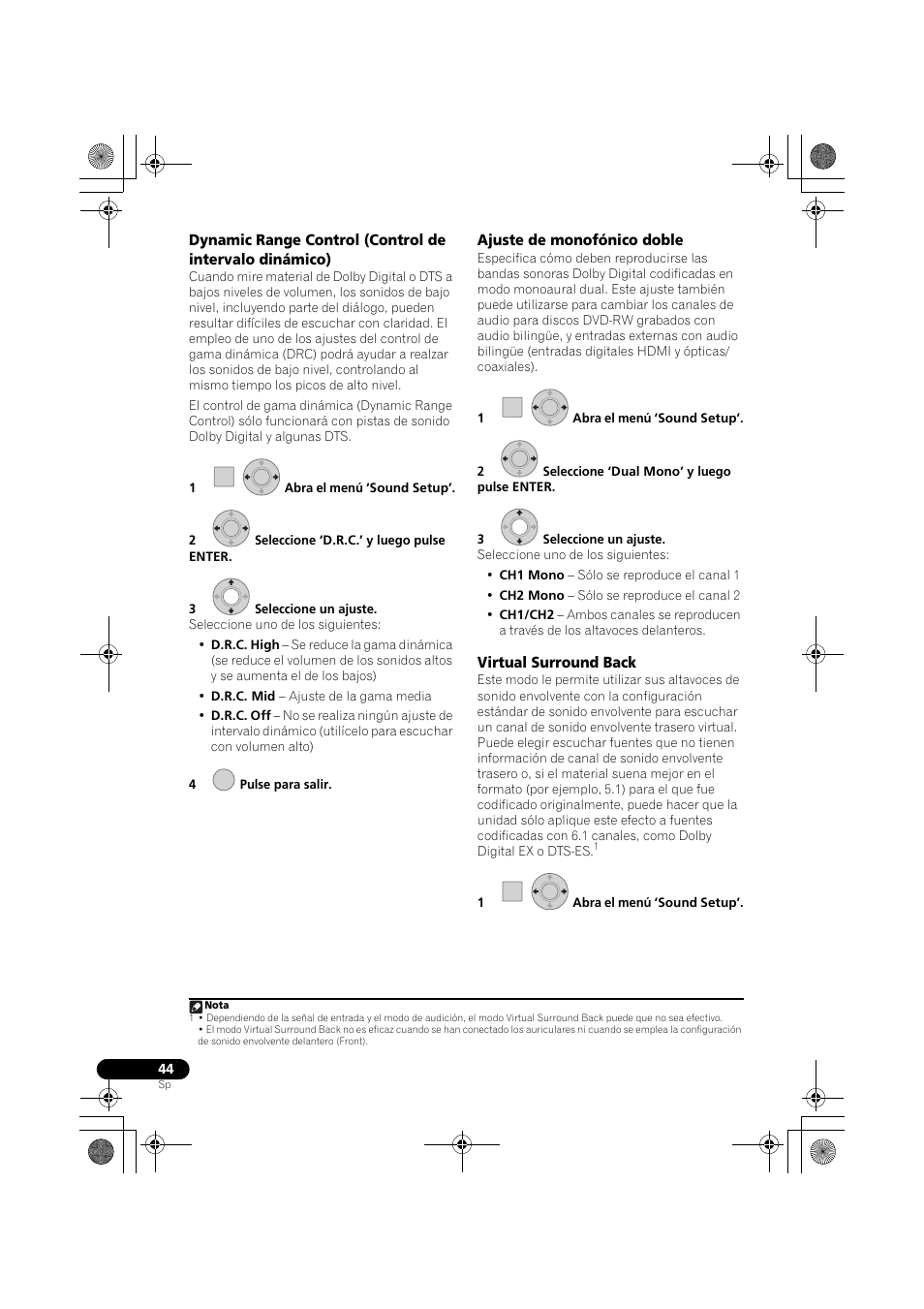 Ajuste de monofónico doble, Virtual surround back | Pioneer LX03BD User Manual | Page 44 / 132