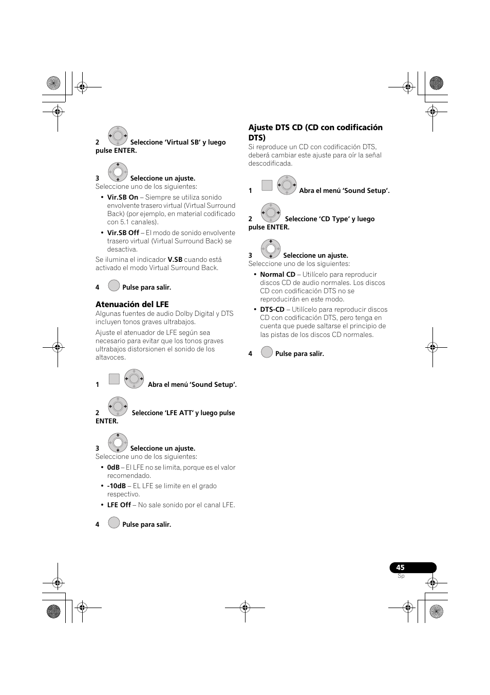 Atenuación del lfe, Ajuste dts cd (cd con codificación dts) | Pioneer LX03BD User Manual | Page 45 / 132