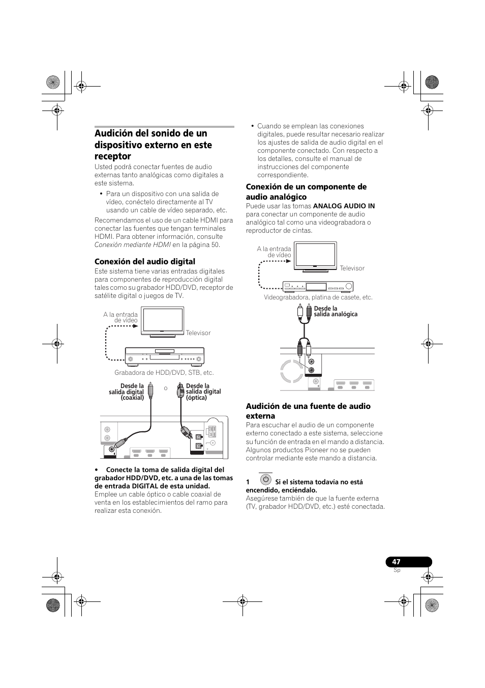 Conexión del audio digital, Conexión de un componente de audio analógico, Audición de una fuente de audio externa | Pioneer LX03BD User Manual | Page 47 / 132