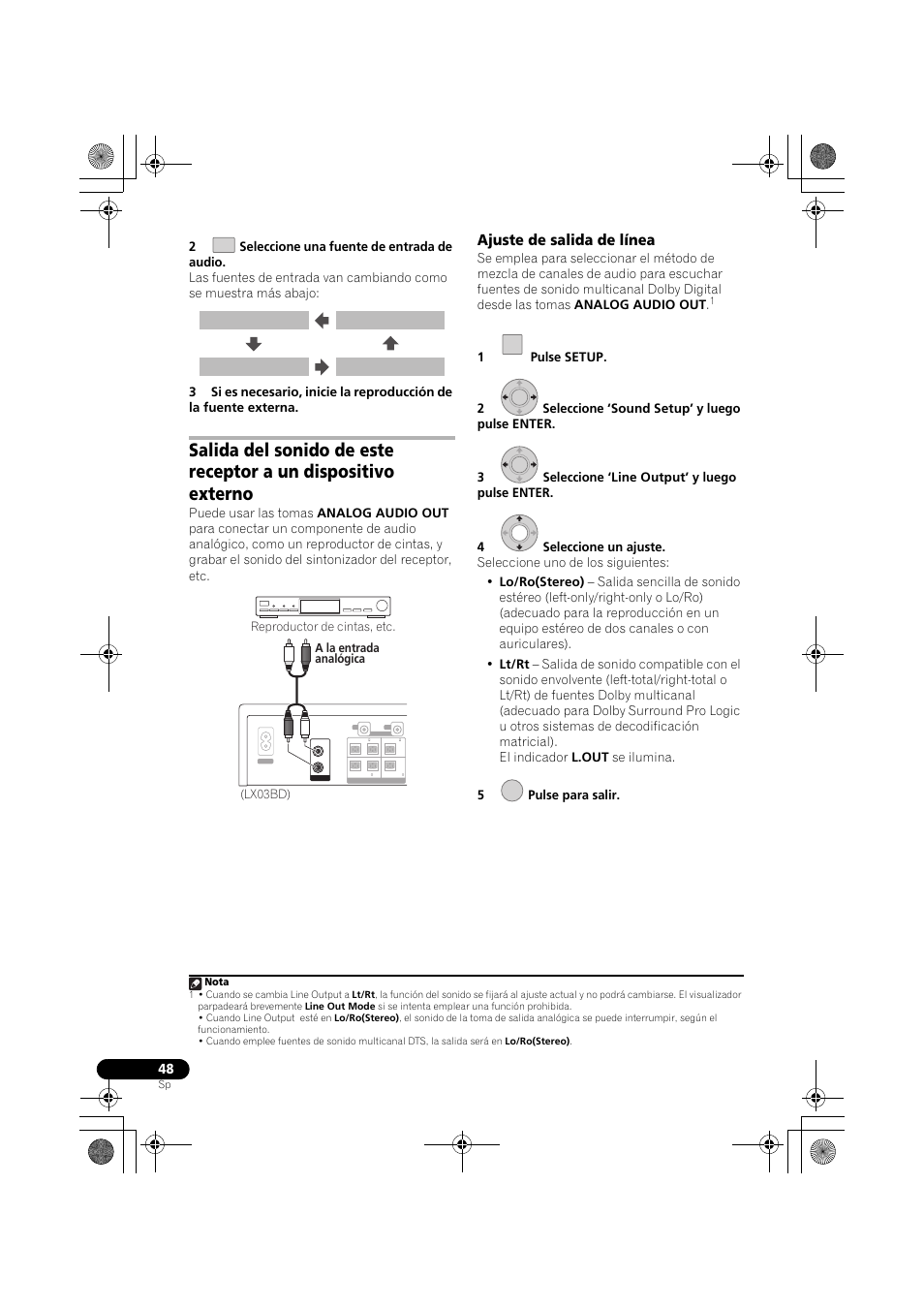 Ajuste de salida de línea, Digital 1 opt digital 2 opt digital 3 coax analog | Pioneer LX03BD User Manual | Page 48 / 132