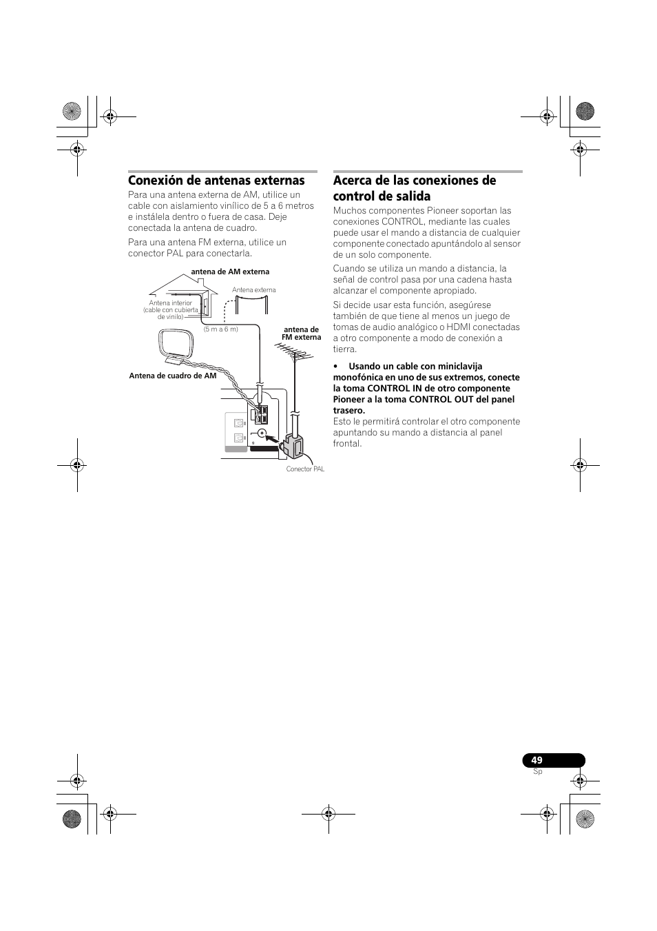 Conexión de antenas externas, Acerca de las conexiones de control de salida | Pioneer LX03BD User Manual | Page 49 / 132