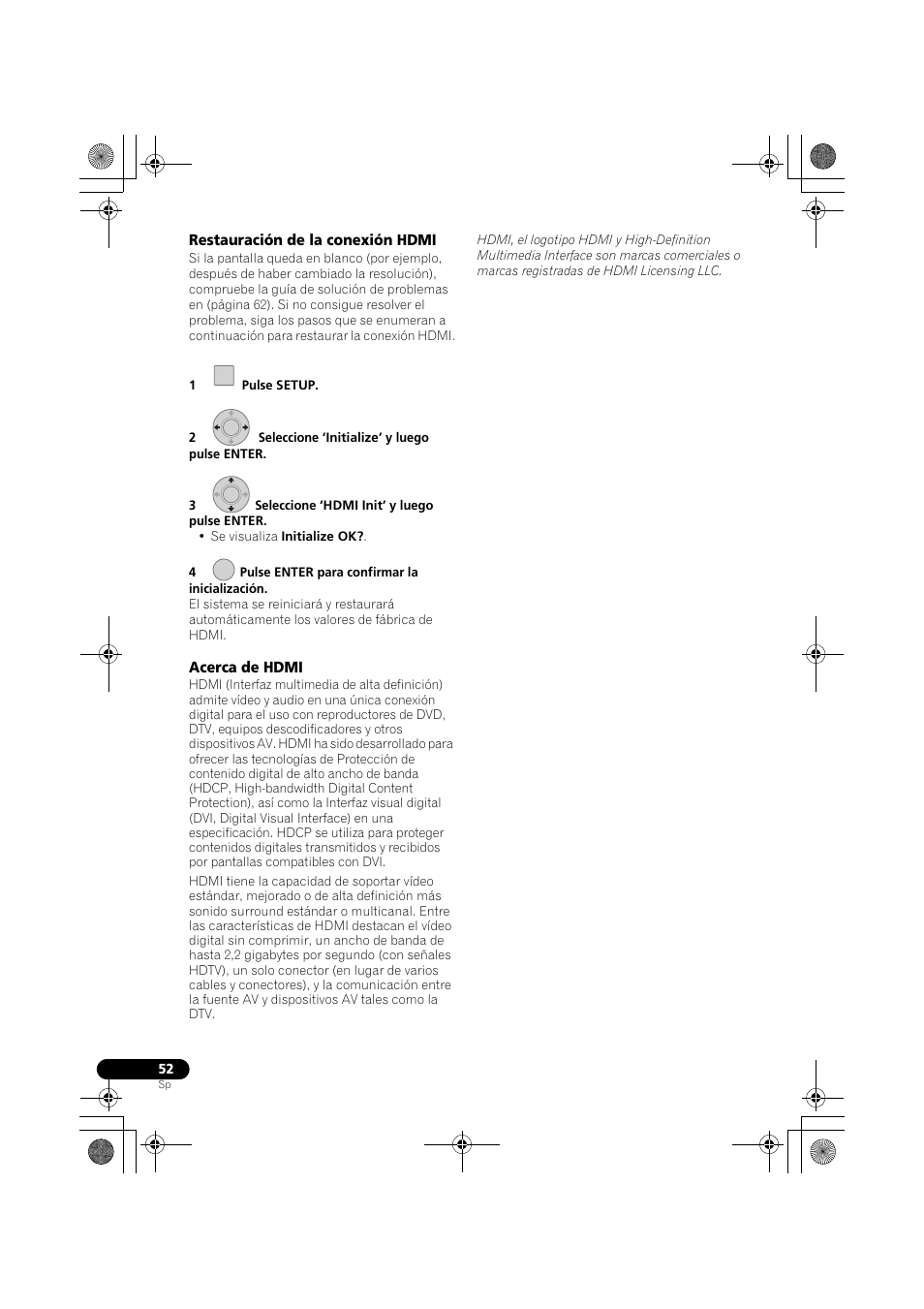 Restauración de la conexión hdmi, Acerca de hdmi | Pioneer LX03BD User Manual | Page 52 / 132