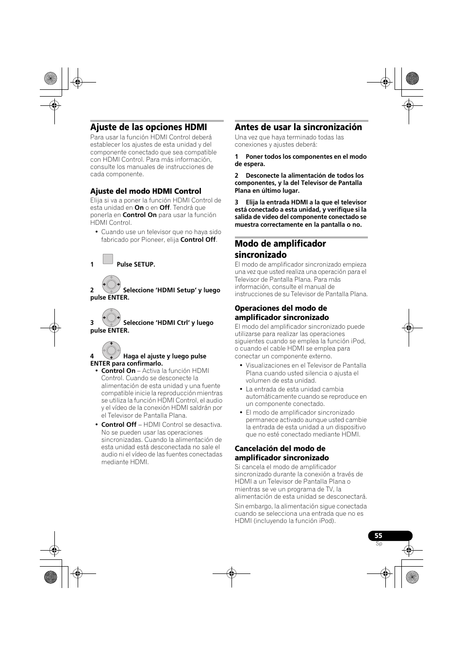 Ajuste de las opciones hdmi, Ajuste del modo hdmi control, Antes de usar la sincronización | Modo de amplificador sincronizado, Operaciones del modo de amplificador sincronizado, Cancelación del modo de amplificador sincronizado | Pioneer LX03BD User Manual | Page 55 / 132