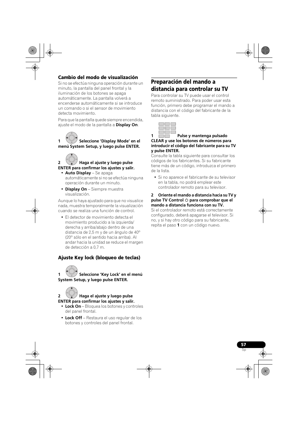 Cambio del modo de visualización, Ajuste key lock (bloqueo de teclas) | Pioneer LX03BD User Manual | Page 57 / 132