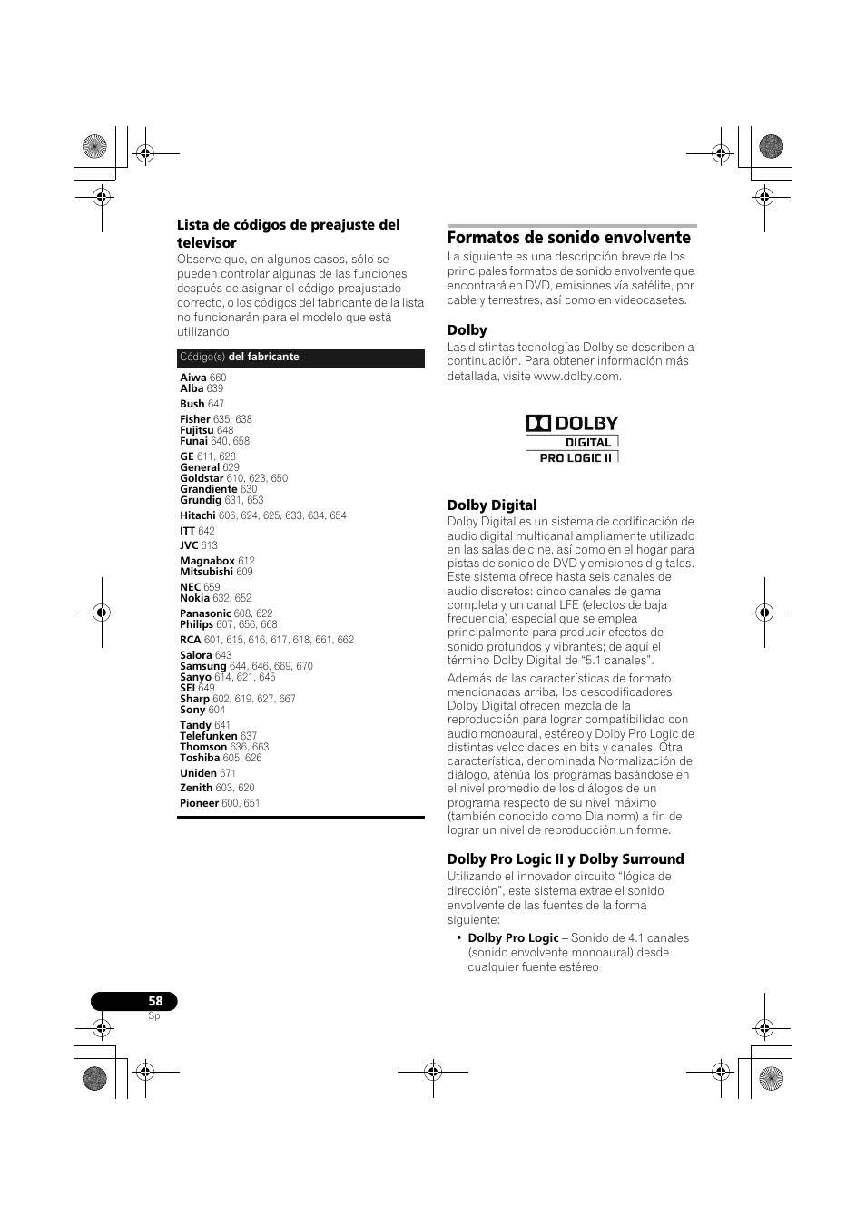 Lista de códigos de preajuste del televisor, Formatos de sonido envolvente, Dolby | Dolby digital, Dolby pro logic ii y dolby surround | Pioneer LX03BD User Manual | Page 58 / 132