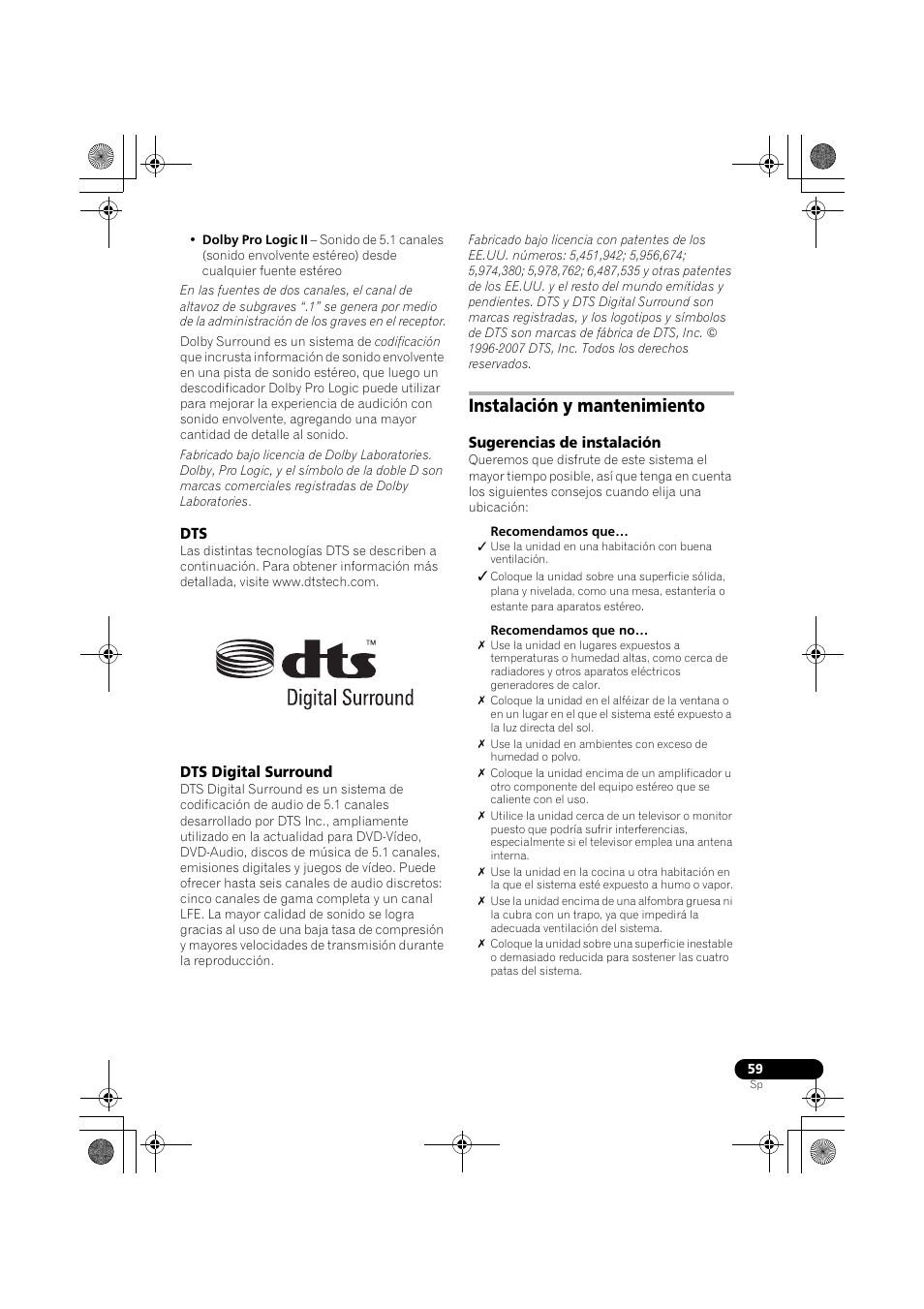 Dts digital surround, Instalación y mantenimiento, Sugerencias de instalación | Pioneer LX03BD User Manual | Page 59 / 132