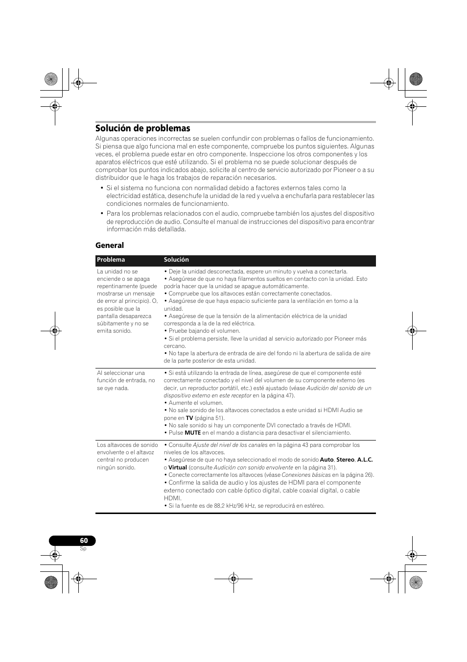 Solución de problemas, General | Pioneer LX03BD User Manual | Page 60 / 132