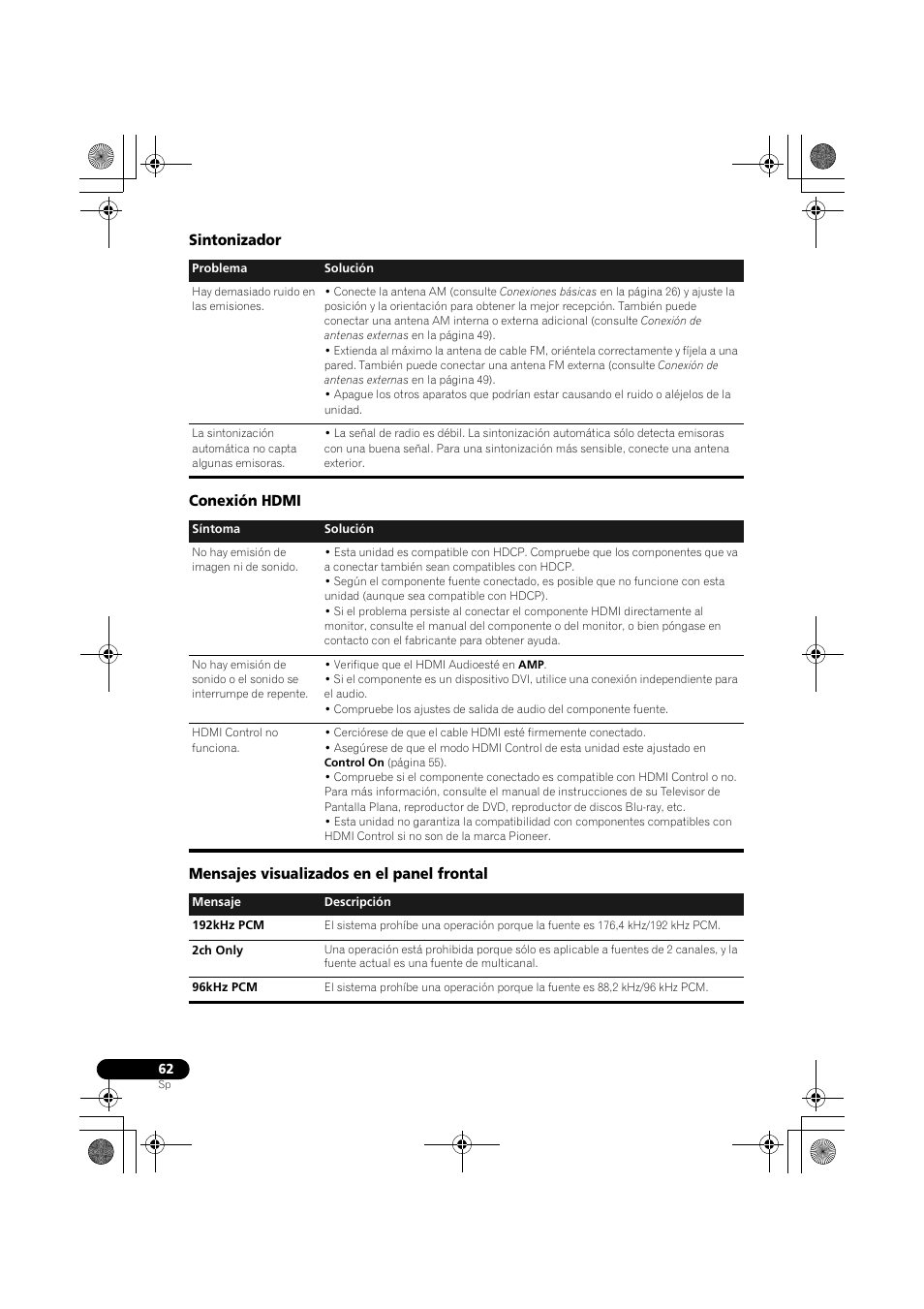 Sintonizador, Conexión hdmi, Mensajes visualizados en el panel frontal | Pioneer LX03BD User Manual | Page 62 / 132