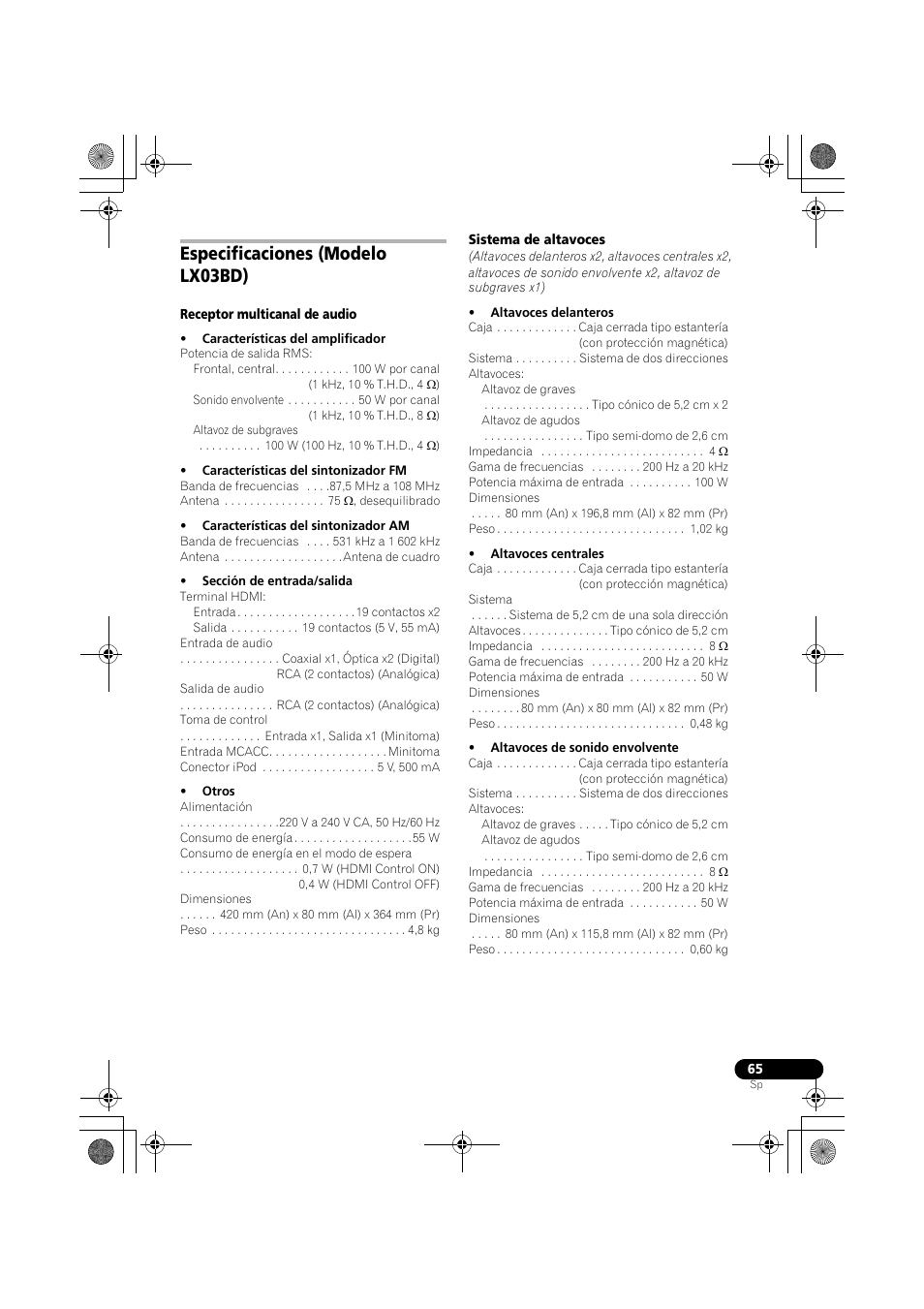 Especificaciones (modelo lx03bd) | Pioneer LX03BD User Manual | Page 65 / 132