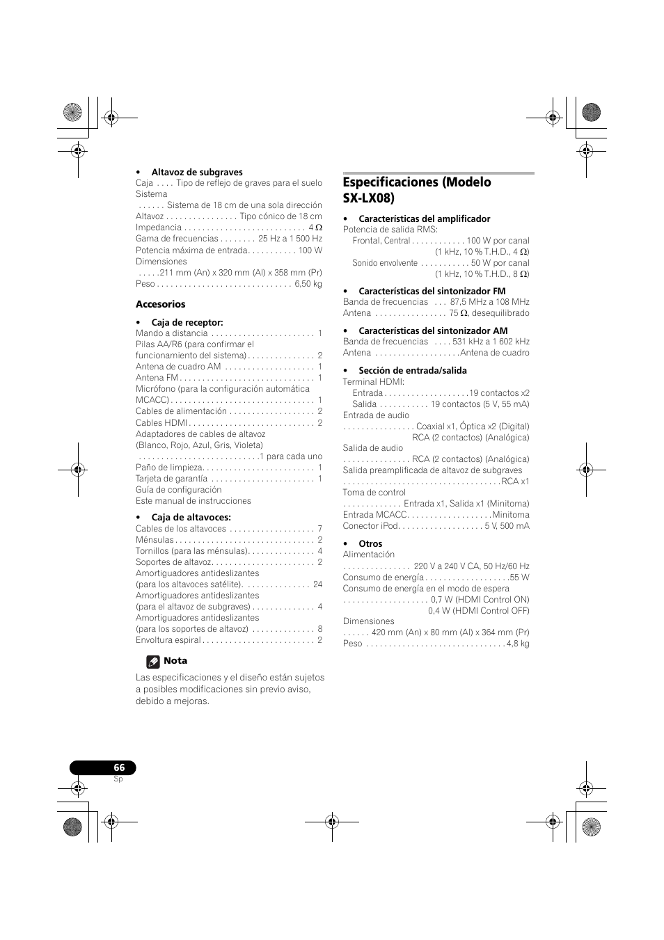 Especificaciones (modelo sx-lx08) | Pioneer LX03BD User Manual | Page 66 / 132