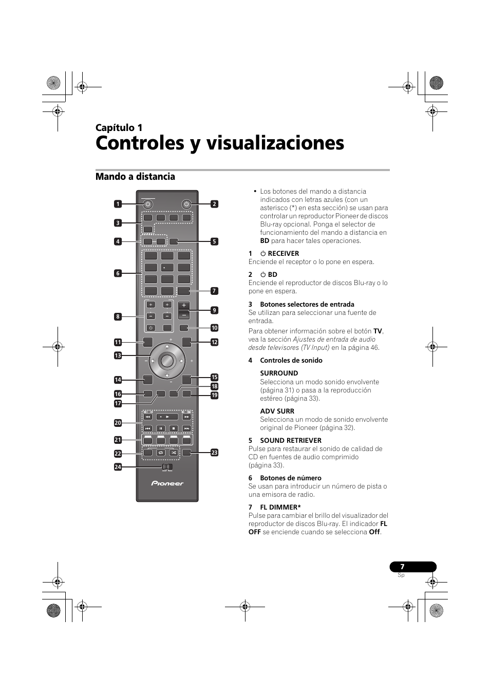 Mando a distancia, Controles y visualizaciones, Capítulo 1 | Pioneer LX03BD User Manual | Page 7 / 132
