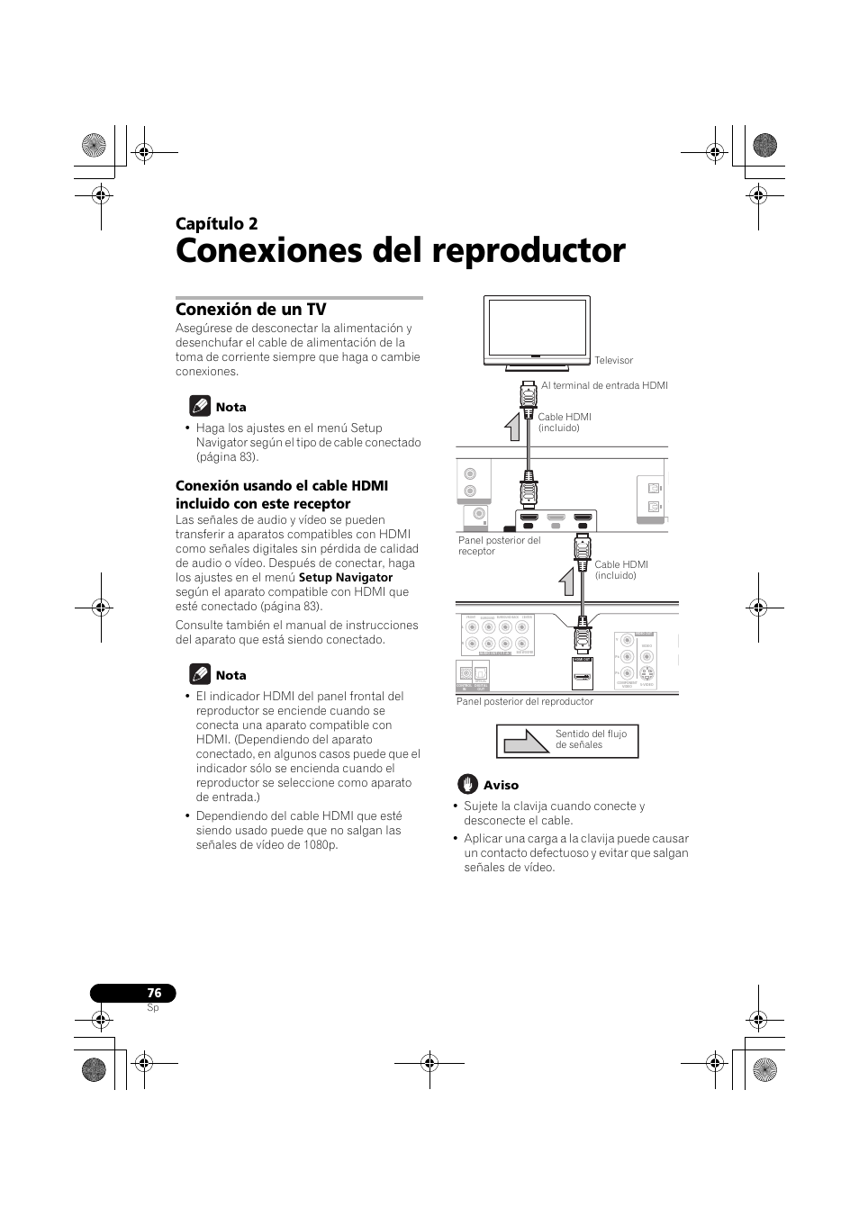 Conexión de un tv, Conexiones del reproductor, Capítulo 2 | Pioneer LX03BD User Manual | Page 76 / 132
