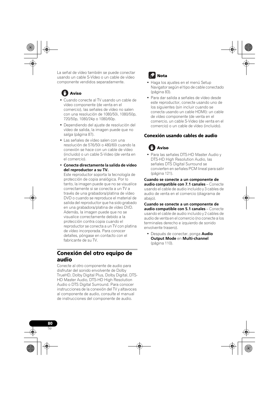 Conexión del otro equipo de audio, Conexión usando cables de audio | Pioneer LX03BD User Manual | Page 80 / 132