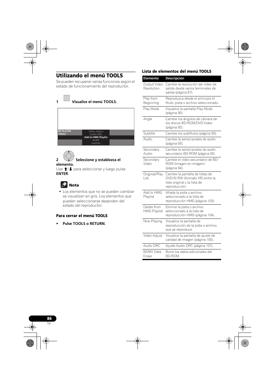 Utilizando el menú tools | Pioneer LX03BD User Manual | Page 86 / 132