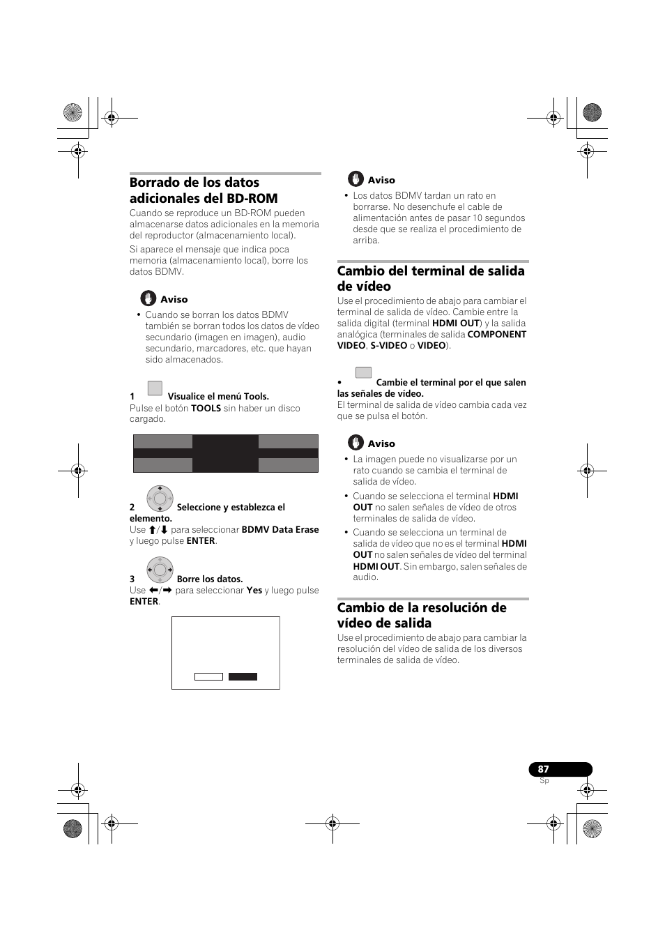 Borrado de los datos adicionales del bd-rom, Cambio del terminal de salida de vídeo, Cambio de la resolución de vídeo de salida | Pioneer LX03BD User Manual | Page 87 / 132