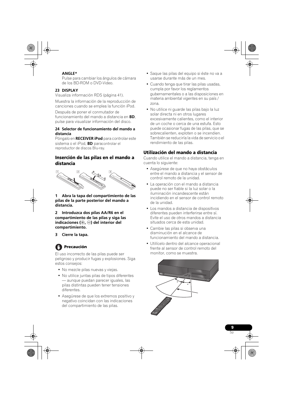 Inserción de las pilas en el mando a distancia, Utilización del mando a distancia | Pioneer LX03BD User Manual | Page 9 / 132