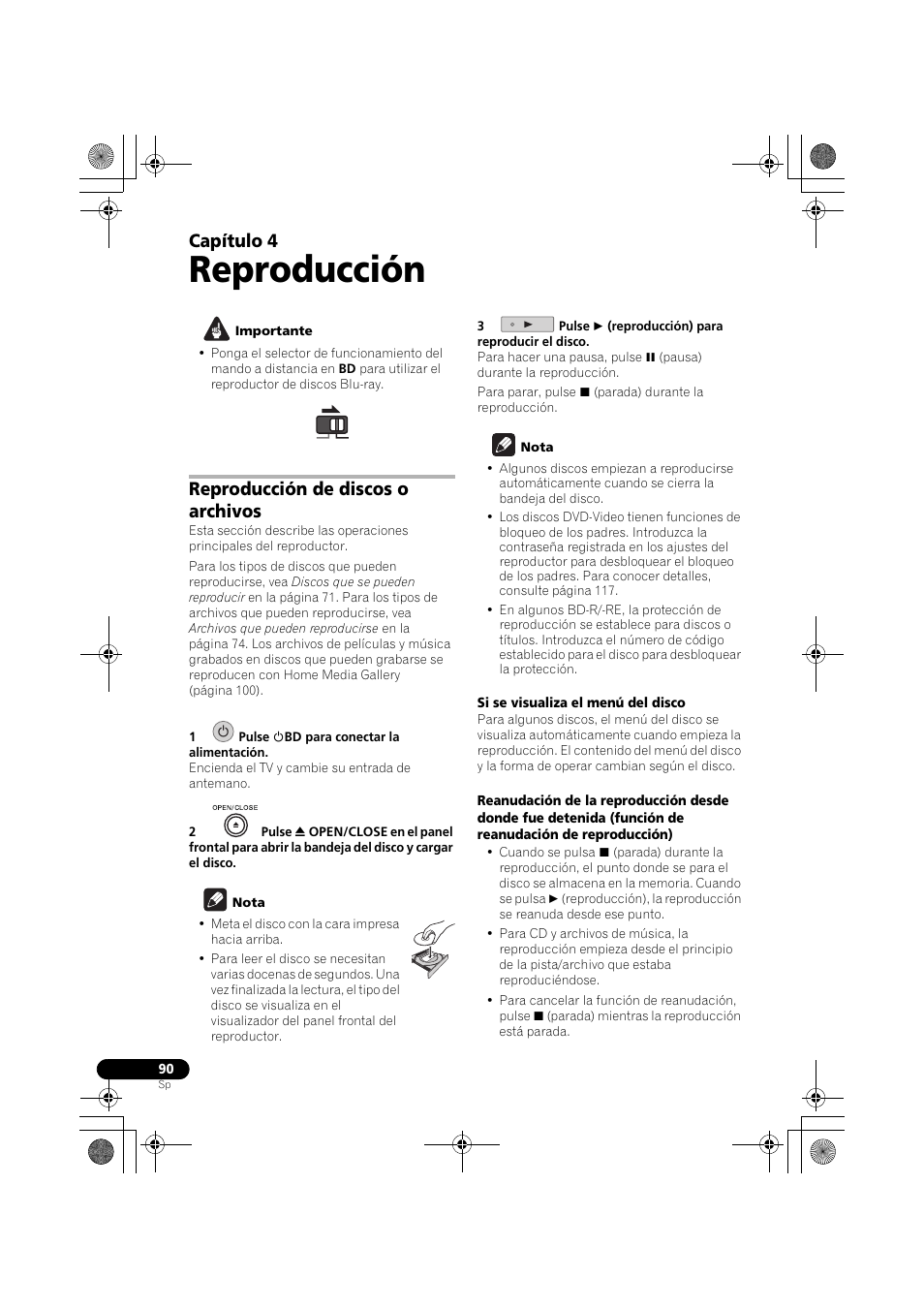 Reproducción de discos o archivos, Reproducción, Capítulo 4 | Pioneer LX03BD User Manual | Page 90 / 132
