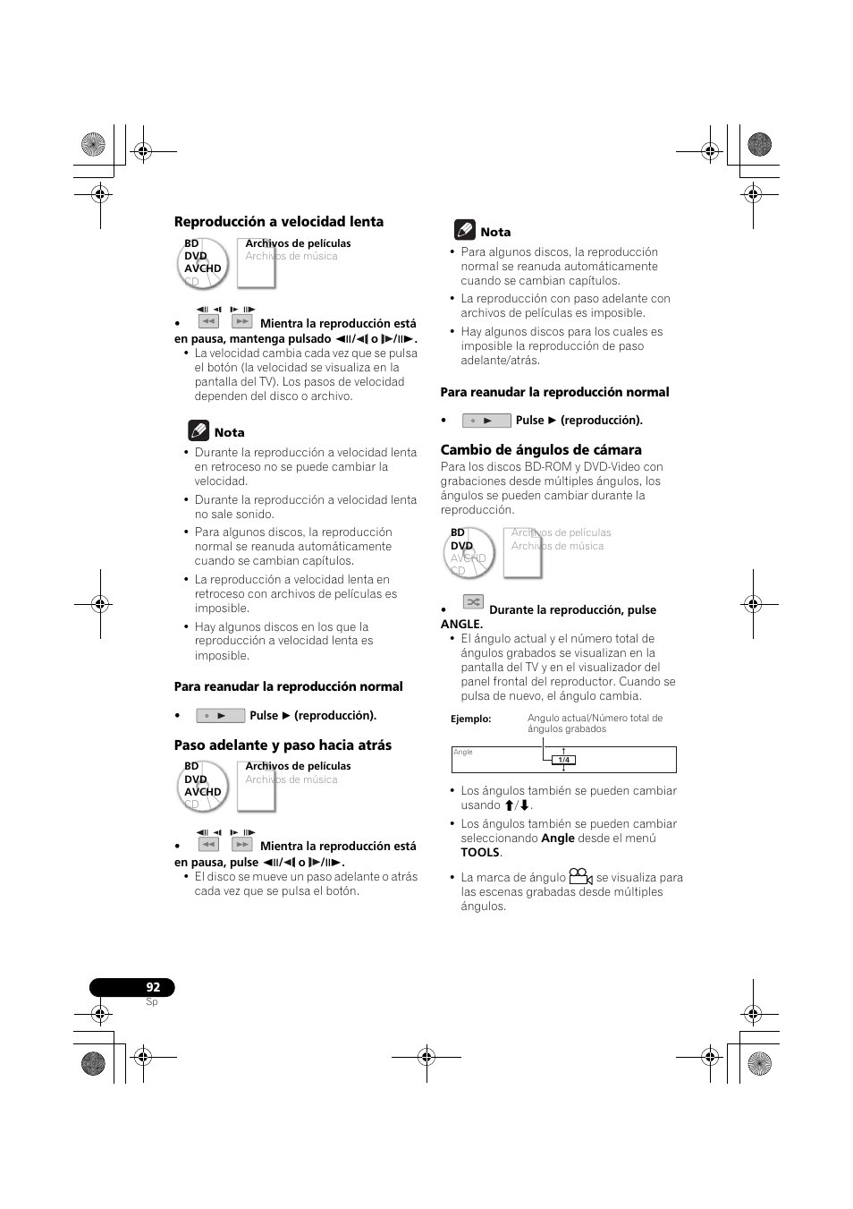 Reproducción a velocidad lenta, Paso adelante y paso hacia atrás, Cambio de ángulos de cámara | Pioneer LX03BD User Manual | Page 92 / 132