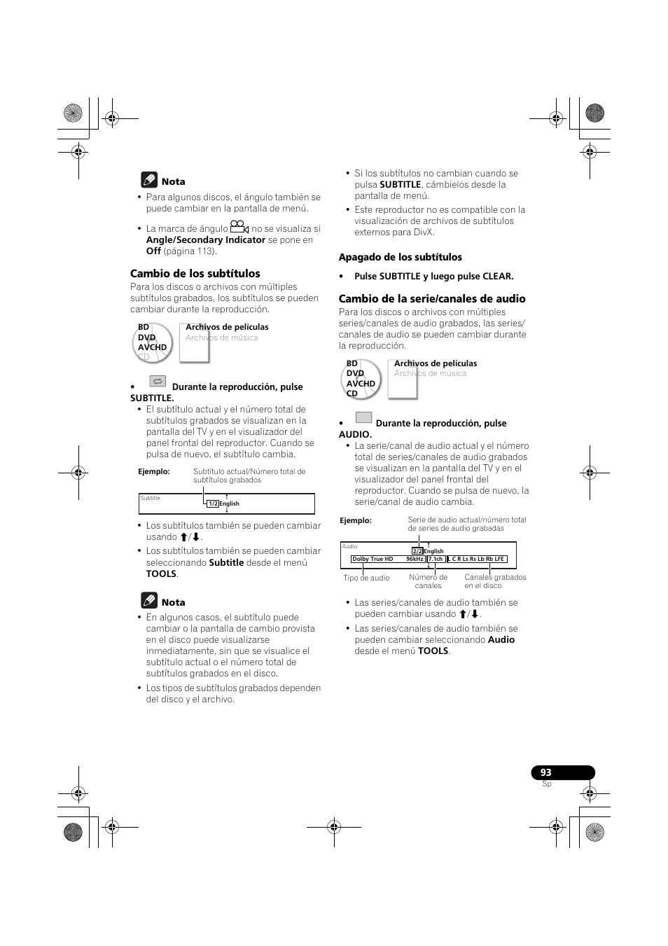 Cambio de los subtítulos, Cambio de la serie/canales de audio | Pioneer LX03BD User Manual | Page 93 / 132