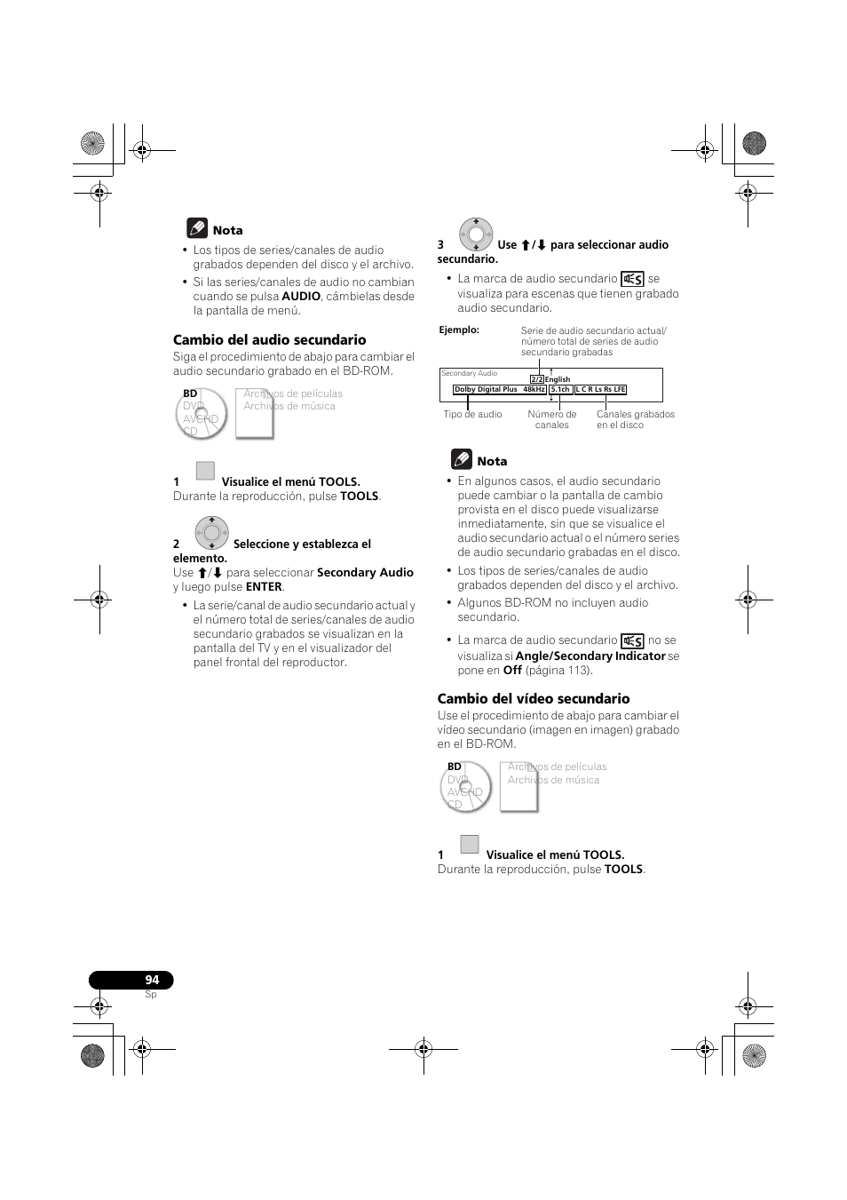 Cambio del audio secundario, Cambio del vídeo secundario | Pioneer LX03BD User Manual | Page 94 / 132