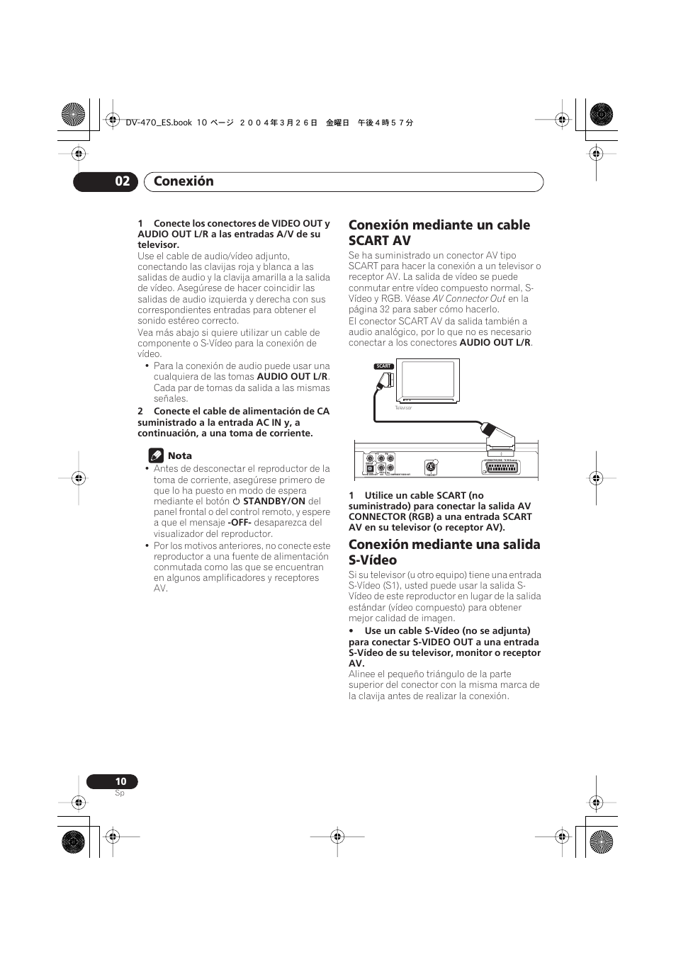 Conexión mediante un cable scart av, Conexión mediante una salida s-vídeo, Conexión 02 | Pioneer DV-470-K User Manual | Page 10 / 86