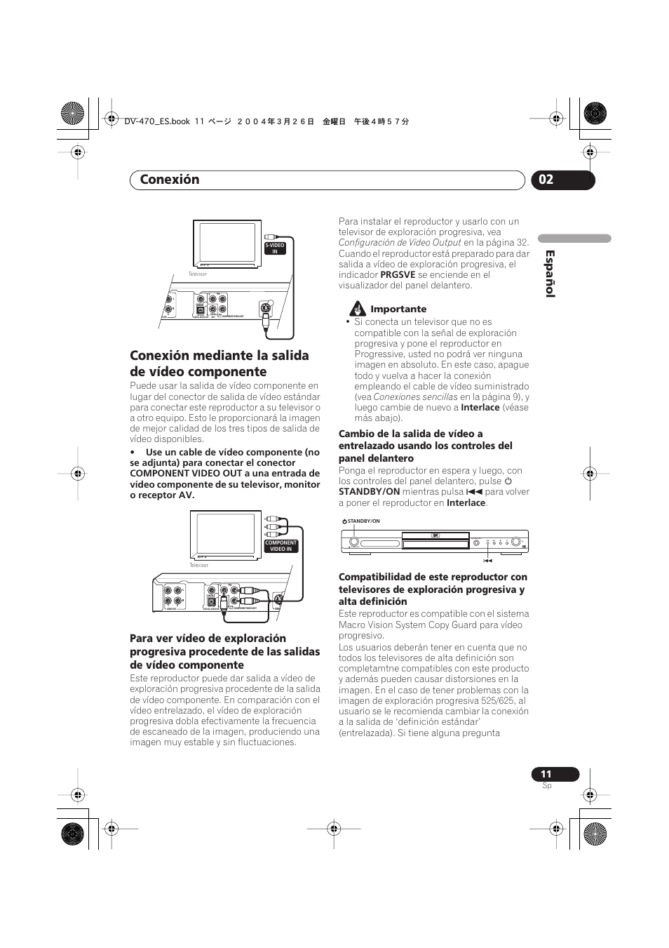 Conexión mediante la salida de vídeo componente, Conexión 02, Español | Standby/on open/close | Pioneer DV-470-K User Manual | Page 11 / 86