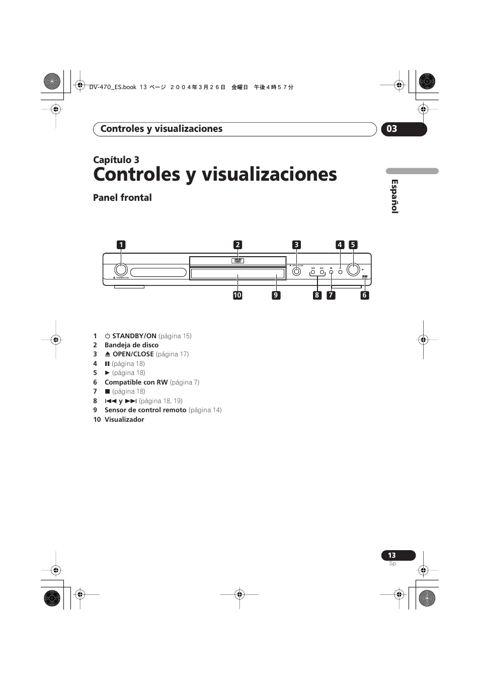 03 controles y visualizaciones, Panel frontal, Controles y visualizaciones | Controles y visualizaciones 03, Capítulo 3 | Pioneer DV-470-K User Manual | Page 13 / 86