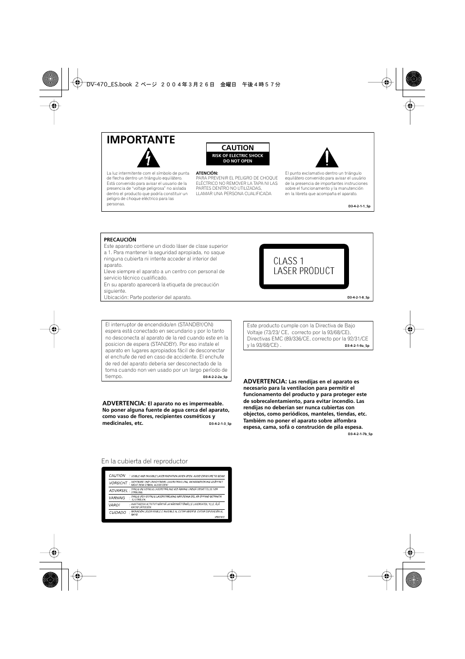 Importante, Class 1 laser product, Caution | Pioneer DV-470-K User Manual | Page 2 / 86