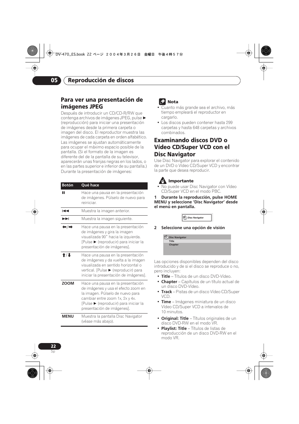 Para ver una presentación de imágenes jpeg, Reproducción de discos 05 | Pioneer DV-470-K User Manual | Page 22 / 86