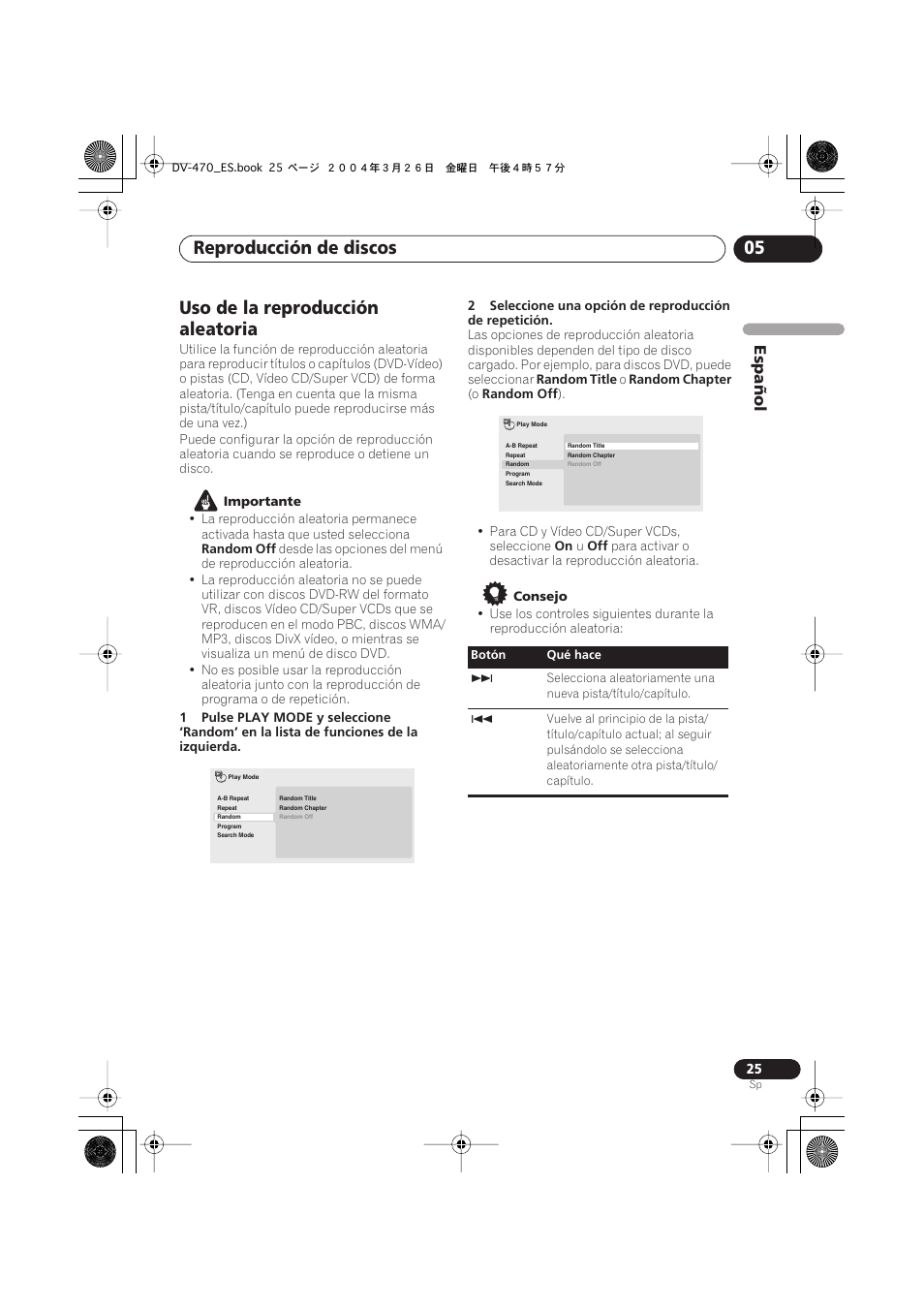 Uso de la reproducción aleatoria, Reproducción de discos 05, Español | Pioneer DV-470-K User Manual | Page 25 / 86