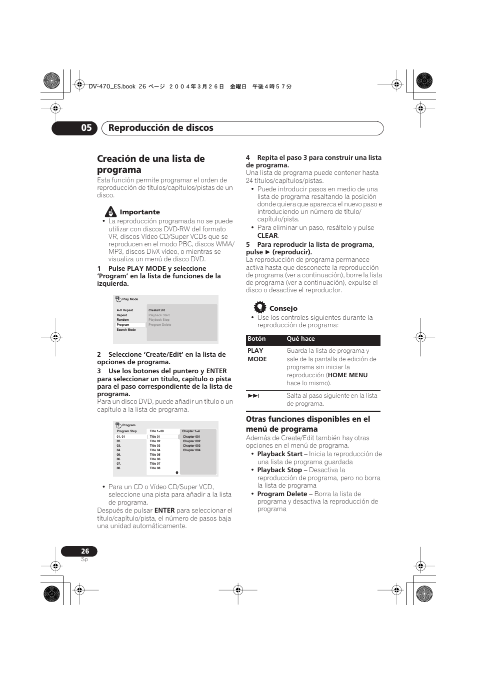 Creación de una lista de programa, Reproducción de discos 05, Otras funciones disponibles en el menú de programa | Pioneer DV-470-K User Manual | Page 26 / 86