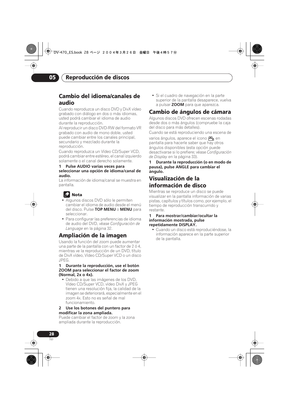 Cambio del idioma/canales de audio, Ampliación de la imagen, Cambio de ángulos de cámara | Visualización de la información de disco, Reproducción de discos 05 | Pioneer DV-470-K User Manual | Page 28 / 86