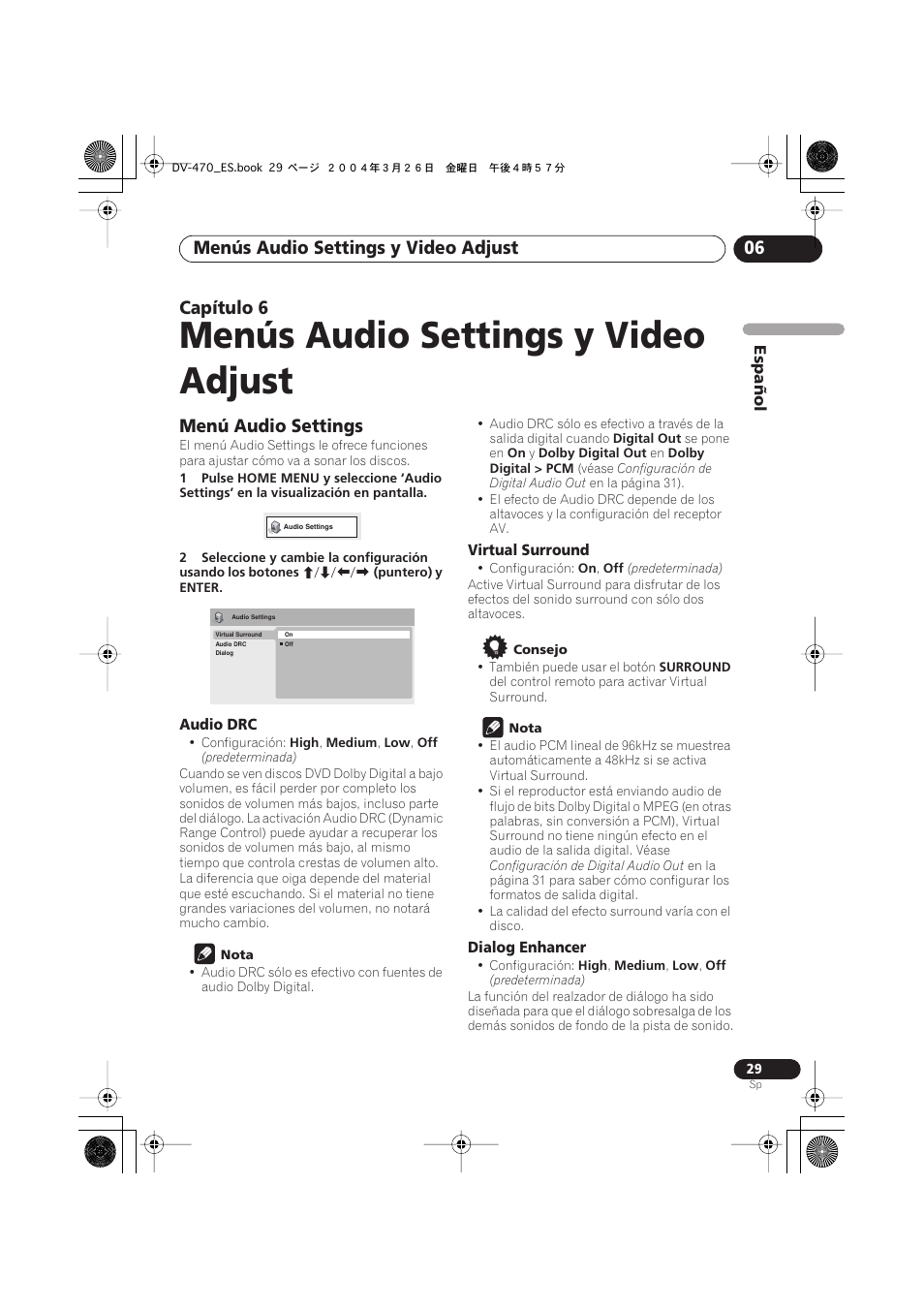 06 menús audio settings y video adjust, Menú audio settings, Menús audio settings y video adjust | Menús audio settings y video adjust 06, Capítulo 6 | Pioneer DV-470-K User Manual | Page 29 / 86