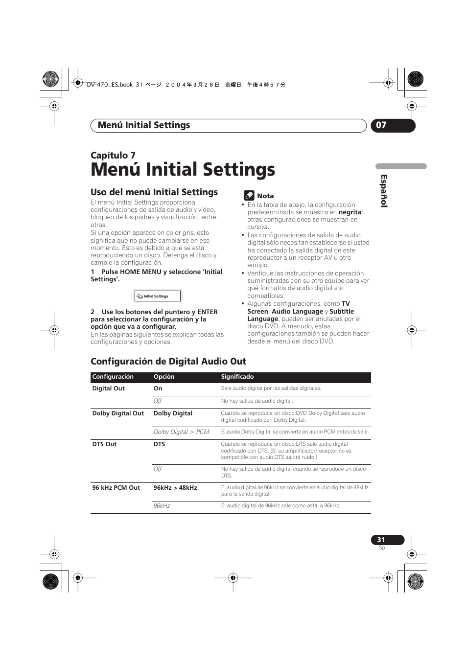 07 menú initial settings, Uso del menú initial settings, Configuración de digital audio out | Menú initial settings, Menú initial settings 07, Capítulo 7 | Pioneer DV-470-K User Manual | Page 31 / 86