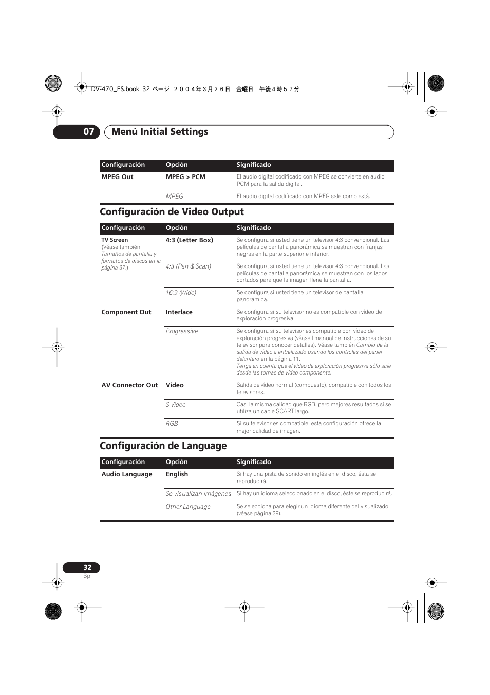 Configuración de video output, Configuración de language, Menú initial settings 07 | Pioneer DV-470-K User Manual | Page 32 / 86